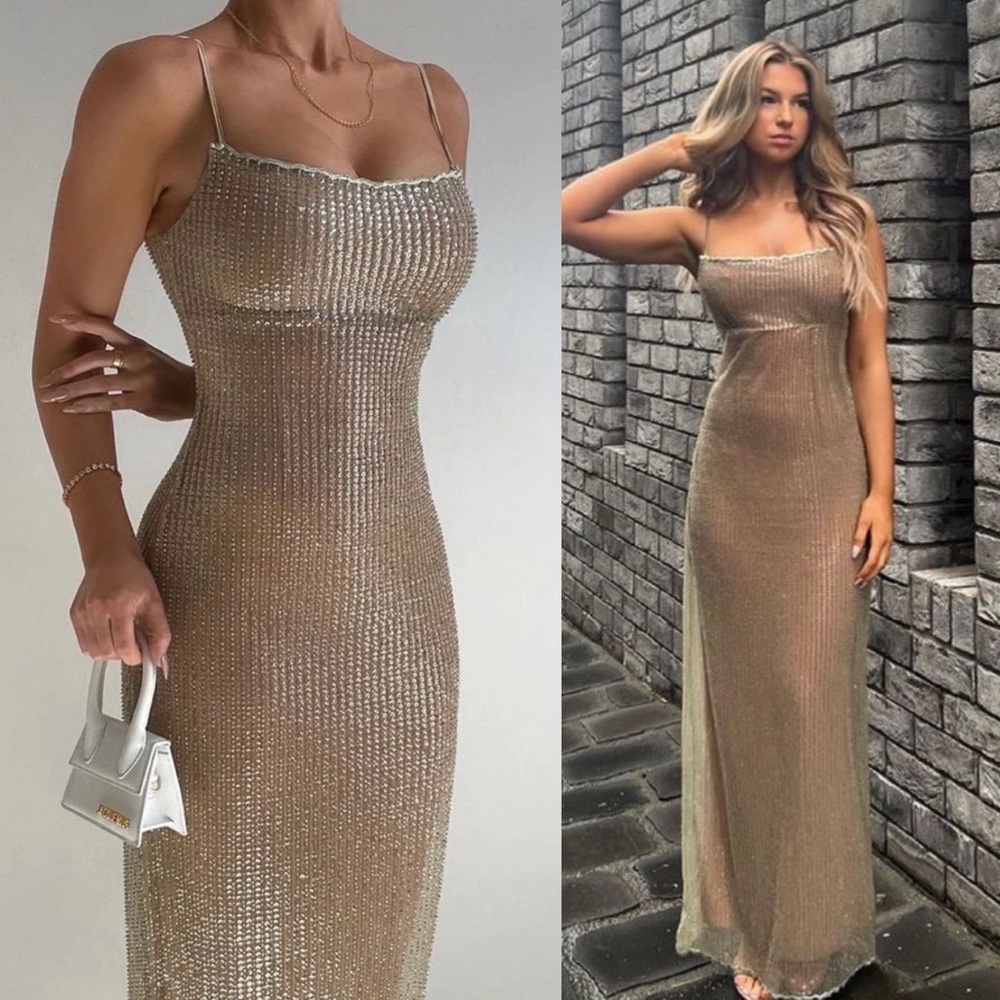 LIMITED EDITION House‎ of CB 'Alondra' Cafe Au Lait Beaded Maxi Dress NWOT sz XS - Picture 12 of 15
